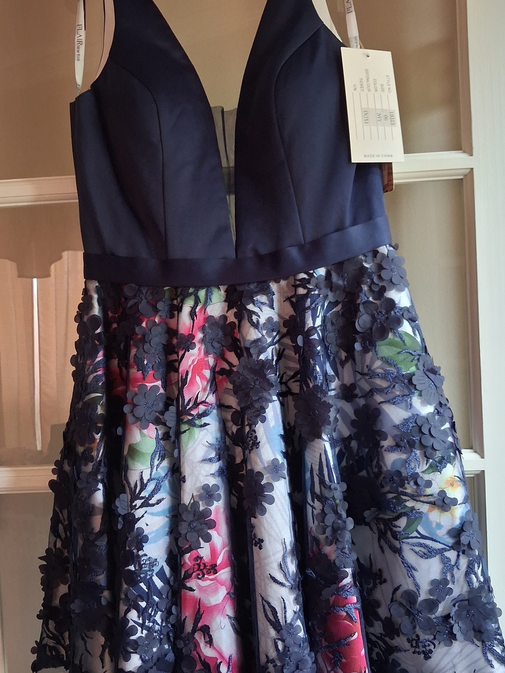 Navy Floral Appliqué Prom Dress with Deep V Bodice